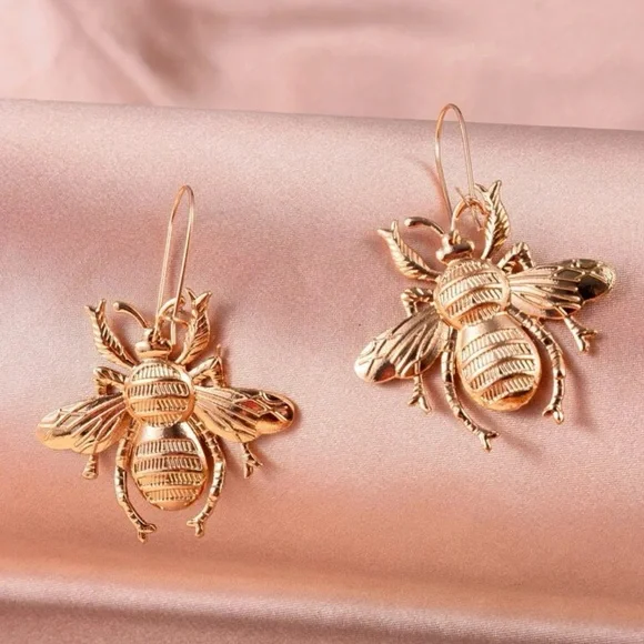 Gold Bumble Bee Dangle Earrings - Picture 2 of 7